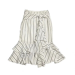 Striped Ruffled Midi Waterfall Skirt. White with black stripes. XS